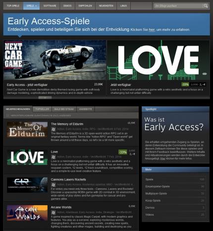 Die Early-Access-Kategorie im Steam-Shop umfasst inzwischen weit über 100 unfertige Spiele.