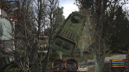 Keine gute Idee: Mit einem Truppentransporter in eine Anomalie hineinfahren. Die Fahrphysik ist aber auch hakelig!
