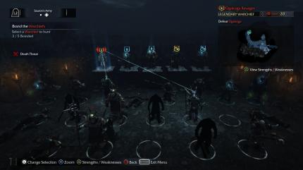 Auf dem Nemesis-Bildschirm könnt ihr Stärken, Schwächen und Aufenthaltsorte der orkischen Hauptmänner und Häuptlinge studieren. (PS4)