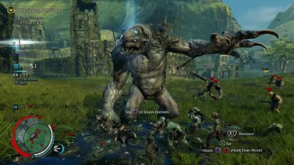 Talion lernt im Laufe der Story, zwei Arten von Reittieren zu zähmen. Dieser Rancor-Verschnitt ist die Luxusklasse. (PS4)