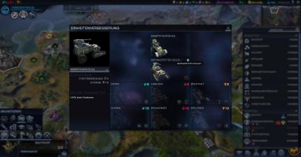 Civilization: Beyond Earth - Im Aufrüst-Menü verteilen wir nach Stufenaufstiegen im Affinitätslevel Spezialfähigkeiten an unsere Truppen: Auf Stufe zwei wird beispielsweise das Kampffahrzeug zum Panzer ausgebaut.