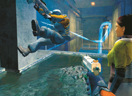 Kein Platz mehr für Tentakel? Ein blauer Strahl erscheint aus der Tiefe, greift sich einen Combine-Soldaten und schleudert ihn wild hin und her - aber nicht im finalen Half-Life 2.