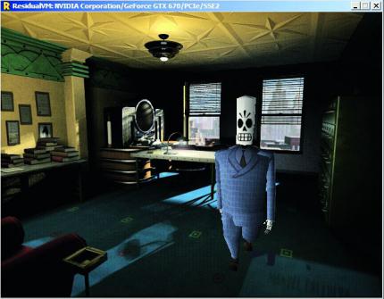Mit dem kostenlosen Tool ResidualVM ist Grim Fandango auch auf modernen PCs spielbar, auf Wunsch auch im Fenstermodus. Man sollte allerdings häufig Spielstände anlegen!