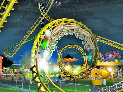 Gerade bei Dunkelheit spielt die 3D-Grafik von Rollercoaster Tycoon 3 ihre Stärken aus: Der komplette Park und jede einzelne Attraktion sind spektakulär ausgeleuchtet.