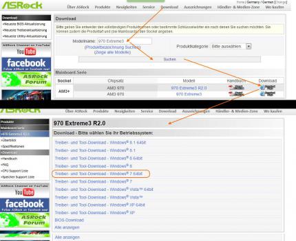 Modellsuche ASRock 970 Extreme3 R2.0 auf der ASRock-Website in zwei Schritten