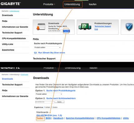 Modellsuche Gigabyte GA-H97M-D3H am Beispiel der Gigabyte-Website in zwei Schritten
