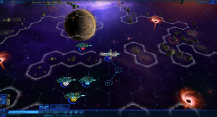 Sid Meier's Starships - Die blauen Halbmond-Symbole unter den Schiffen repräsentieren die jeweilige Schildstärke. Die Heckpartie eines Raumschiffs ist besonders verwundbar.