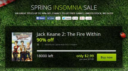 Beim Insomnia-Sale gibt es dicke Rabatte auf viele Titel. Erst wenn ein bestimmte Menge von einem Spiel verkauft wurde, wird das nächste zum Verkauf freigeschaltet. Jack Keane 2: The Fire Within hatte es beim vorletzten Sale richtig schwer, kaum jemand wollte das eher durchschnittliche Adventure kaufen. Wie schön, dass GOG.com bei der nächsten Verkaufsaktion ganze 18.000 Stück loswerden wollte. Zum Glück handelte es sich nur um einen Scherz.