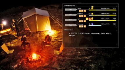 Camping: Wenn ihr an einem Zeltplatz übernachtet, werden euren Helden die am Tag gesammelten Erfahrungspunkte gutgeschrieben und Ignis kocht was Leckeres zu Essen für die Gruppe.