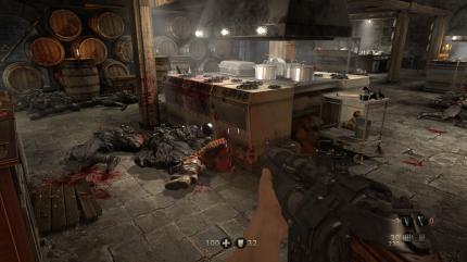 Der Gewaltgrad ist wie erwähnt auch in The Old Blood äußerst hoch. Durch diesen Raum wollten wir uns übrigens eigentlich schleichen. (PS4)