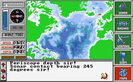 Ende der 80er: Erste Spiele zu Tom Clancys Büchern erscheinen. Jagd auf Roter Oktober (hier im Bild), SSN und Red Storm Rising sind U-Boot-Sims mit rudimentärer Grafik.