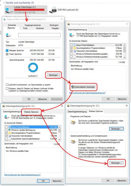 Systempartition bereinigen: Collage der vier wichtigsten Schritte
