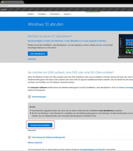 Bei Microsoft könnt ihr ein Tool zur Erstellung des Windows 10 Setups herunterladen (rot markiert)