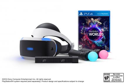 PlayStation VR, die PlayStation Kamera, zwei PlayStation-Move-Controller und das SPiel PlayStation VR Worlds.