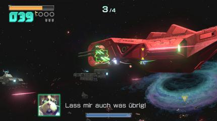 Dicke Raumschiffe wie dieser rote Brocken vertragen mehrere Treffer, ehe es auf eurem Punktekonto landet.