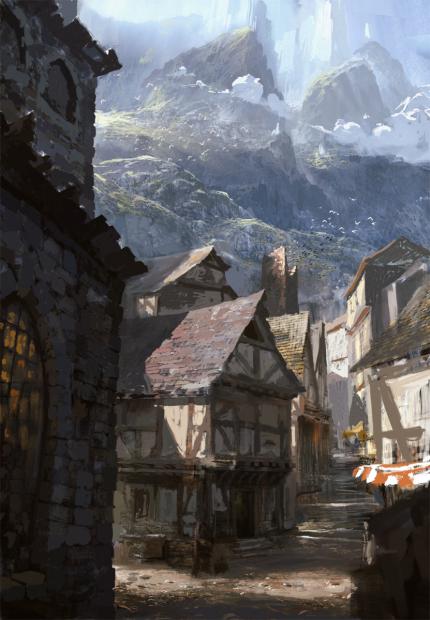 Neben neuen Schauplätzen gibt es wohl auch mitunter ein Wiedersehen mit bekannten Locations. Diese Skizze zeigt beispielsweise den Ort Graufurt, den man schon in Spellforce 1 besuchte.