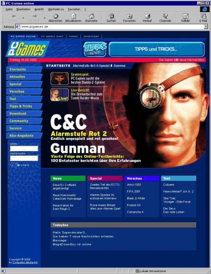 Die Ankündigung des neuen Webseiten-Designs aus der PC Games 10/2000.