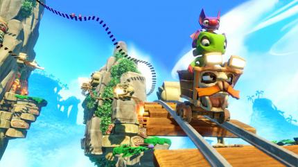 Donkey Kong Country hatte zu SNES-Zeiten unterhaltsame Lorenfahrten zu bieten. In Yooka-Laylee gibt es sie auch - wir nehmen in der belebten Lore Kartos Platz.
