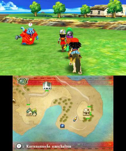 Wie in Dragon Quest IX für DS sind Monster beim Erkunden der Spielwelt direkt zu sehen. Auf dem unteren Bildschirm findet ihr dabei eine Umgebungskarte.