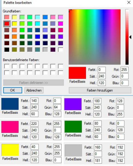 Farbpalette bei Paint (oberes Drittel) und sechs RGB-Farbbeispiele.