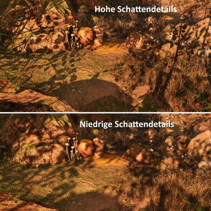 Anschauliche Unterschiede der Schattendetails bei Far Cry: Primal
