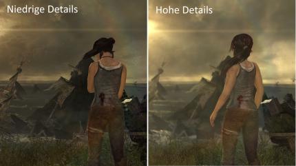 Tomb Raider: mit hohen Details kommt eine realtisichere Unschärfe und bessere Lichberechnung hinzu, auch die Texturen (rechts von Lara sowie die Kleidung) sind hochwertiger. Das Gras wirkt detaillierter.