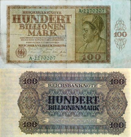 Für Hundert Billionen Deutsche Papiermark bekam man im Herbst 1923 immerhin noch knapp 25 US-Dollar.