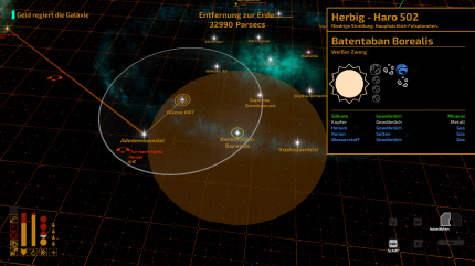 Die jeweilige System-Info gibt euch an, welche Rohstoffe hier zu finden sind, aber nicht, auf welchen Planeten. Das erfahrt ihr erst, wenn ihr in einem Orbit seid. Schade ist, dass die in der Preview-Version noch enthaltene Karten-Legende in der Release-Fassung fehlt.
