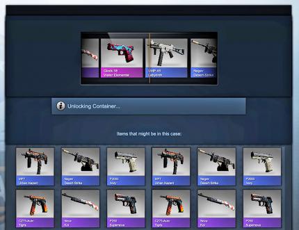 Counter-Strike: Global Offensive macht keinen Hehl aus seiner Lotterie. Wie bei einer Slot-Machine laufen oben die Bilder durch, während in der&nbsp; unteren Bildhälfte der mögliche Gewinn gezeigt wird. Diese Visualisierung kann wie bei Glücksspielautomaten süchtig machen.