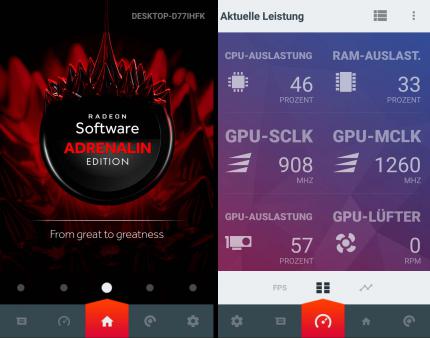 AMD Link-App: Startmenü und Live-Systemdaten