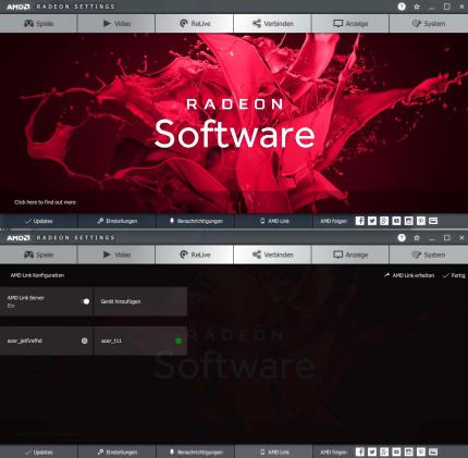 AMD Readeon Software Adrenalin Edition: Startseite und AMD Link-Menü