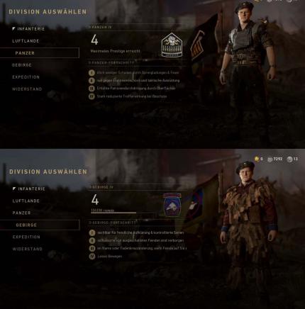 CoD WWII: neue Divisionseigenschaften bei Panzer und Gebirge