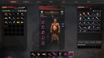 <strong>Conan Exiles </strong>im Test:&nbsp;Links seht ihr das Inventar, in der Mitte unsere Rüstung sowie Werte und rechts die Dinge, die wir ohne Arbeitsstation bauen dürfen.