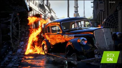 RTX von Nvidia in Battlefield - die Flammen spiegeln sich authentisch auf dem&nbsp; nassen Boden und in der Seite des Autos.