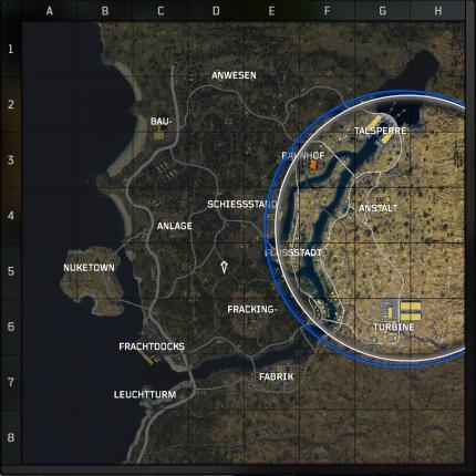 Blick auf die Map: Die sichere Zone ist in weiß umrandet, die Barriere in Blau ist beinahe schon angekommen