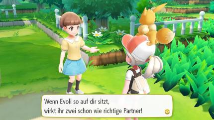 Die Starter-Pokémon Evoli und Pikachu machen es sich die gesamte Reise über auf eurem Kopf beziehungsweise auf eurer Schulter bequem. Welches der beiden Taschenmonster ihr erhaltet, hängt von der erworbenen Edition ab.