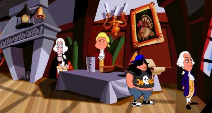 Day of the Tentacle spielt mit Verweisen auf die Entstehung der US-amerikanischen Verfassung. Die Gründungsväter stecken allerdings in einer Sackgasse, wodurch Hoagie sie manipulieren kann.