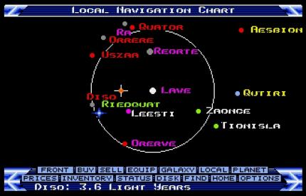 Im allerersten<em> Elite </em>haben wir mit einem Tastendruck alle erreichbaren Systeme auf einen Blick (Screenshot: Amiga-Version).<br>
 
