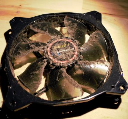 Dieser Lüfter hat sich offenbar nicht aus dem Staub gemacht, sondern darin gewälzt.