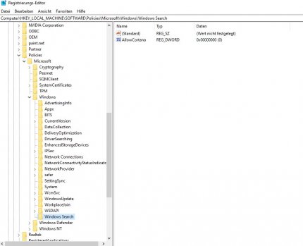 Cortana in der Windows-Registry