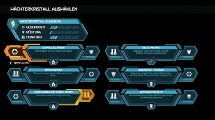 Mit gesammelten Wächterkristallen verbessert ihr die Grundwerte Gesundheit, Rüstung und Munition. Nebenbei schaltet ihr sechs passive Boni frei.