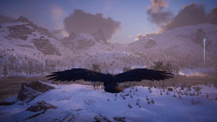 Beim Auflklärungsflug mit dem begleitenden Raben zeigt sich die Sichtweite von Assassin's Creed: Valhalla