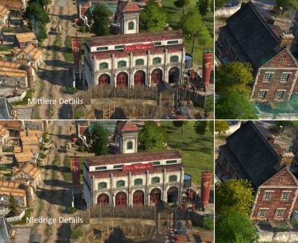 Anno1800: Achtet bei den niedrigen Details (untere Bildhälfte) auf die geringere Baumanzahl, matschigere Texturen beim Weg und der Grube sowie fehlender Tiefe bei den Fenstern der Feuerwache und dem Haus rechts im Bild.