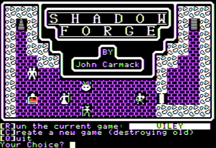 Das rundenbasierte Rollenspiel Shadowforge für den Apple II ist die erste Kreation aus der Feder von John Carmack. Das Ziel des Strichmännchenhelden besteht darin, ein magisches Artefakt namens Shadowforge zu finden und unschädlich zu machen. <br> <br> &nbsp;