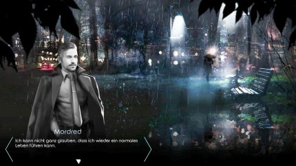 Dry Drowning versprüht viel Noir- und Cyberpunk-Flair. Es ist dunkel, es regnet, die Neonlichter schimmern – das sorgt für viel Atmosphäre im Adventure.