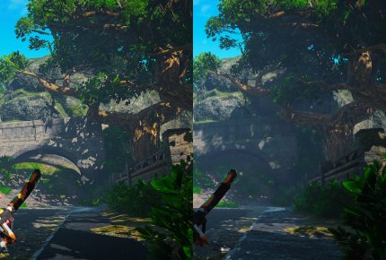 Niedrige versus Maximale Details bei Biomutant - vor allem die Schatten geben der Atmosphäre einen deutlichen Schub.