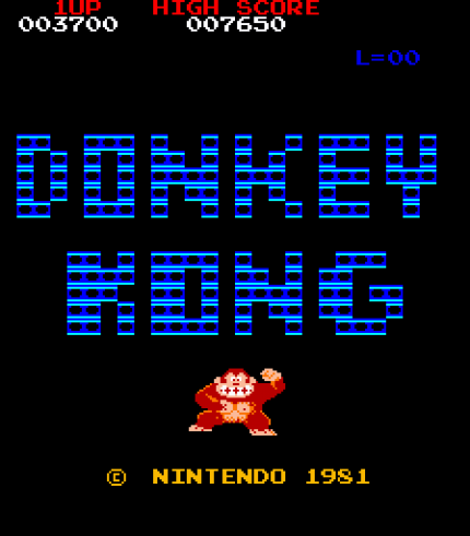 donkeykong03<br> Der Titelbildschirm stellt bereits zwei Dinge gut dar: Donkey Kong als übergroßen Charakter und die an Stahlträger erinnernden Bausteine, die auch in den Levels vorkommen.