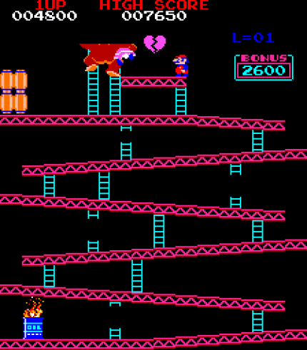Ganz schön fies: Erreicht Jumpman in den ersten Levels Pauline, gibt es erst ein kurzes Wiedersehen. Dann schnappt sich Donkey Kong die Lady und klettert mit ihr weg.