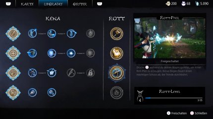 Füttert ihr die Rott mit im Spiel verteilten Früchten, besiegt Gegner oder restauriert die Umwelt, bekommt ihr Karma-Punkte. Die dürft ihr in einem kleinen, aber feinen Skill-Menü für sinnvolle Upgrades ausgeben.