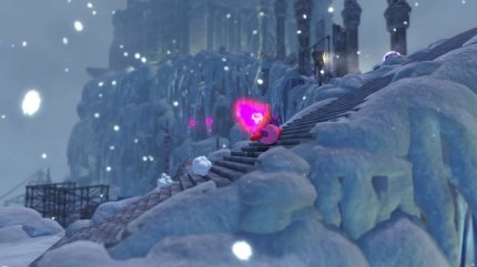 Zu diesem Bild gibt es eigentlich nicht viel zu sagen. Es ist einfach schön. Das Set-Design ist toll. Die Licht- und Partikeleffekte sind gelungen. Der Schnee ist extrem schneeig und generell ist Kirby und das vergessene Land einfach ein wunderschönes Spiel.<br>